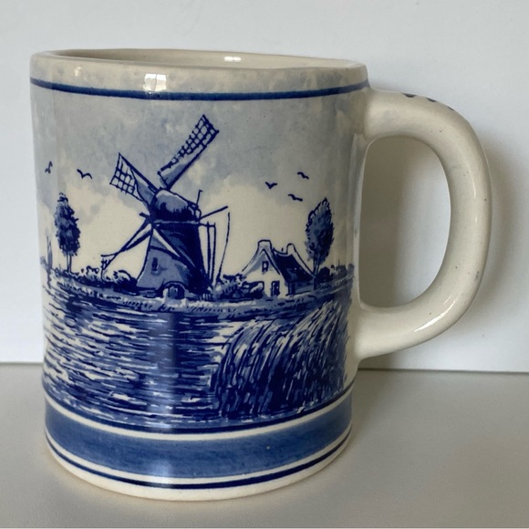 Vintage Delft Blue Mug Blauw Hand Painted Dutch Holland Windmill Cup Flowers - Picture 1 of 13